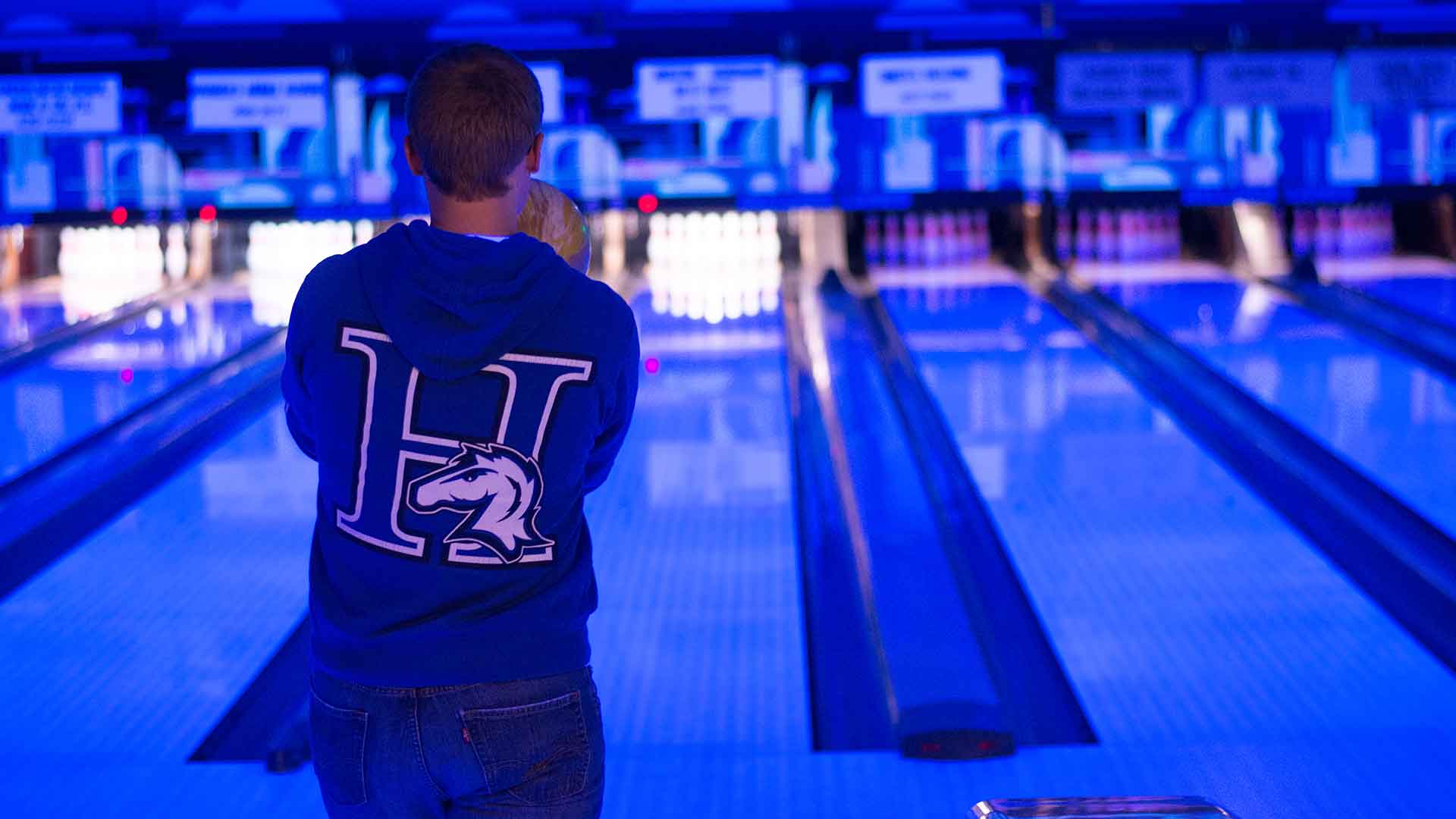 A Hillsdale student bowling.
