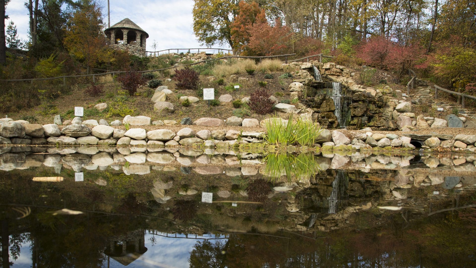 Pond and small waterfall in Slayton Arboretum.