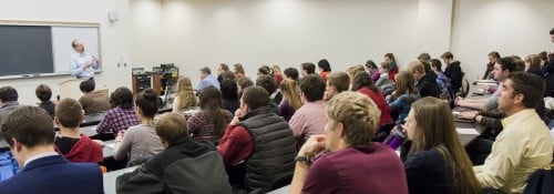 Students listening to a lecture in class.