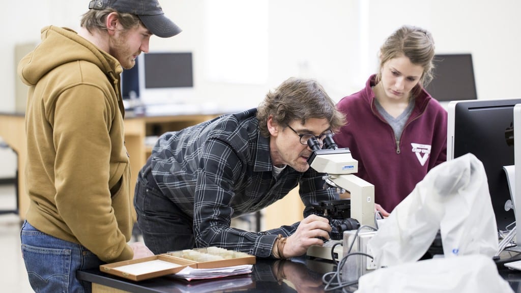 Professor peers into microscope