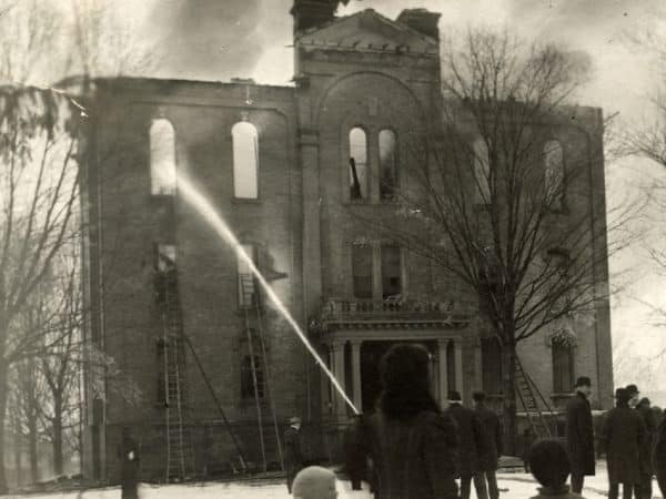 Firefighters dousing the Knowlton Hall Fire in 1910.
