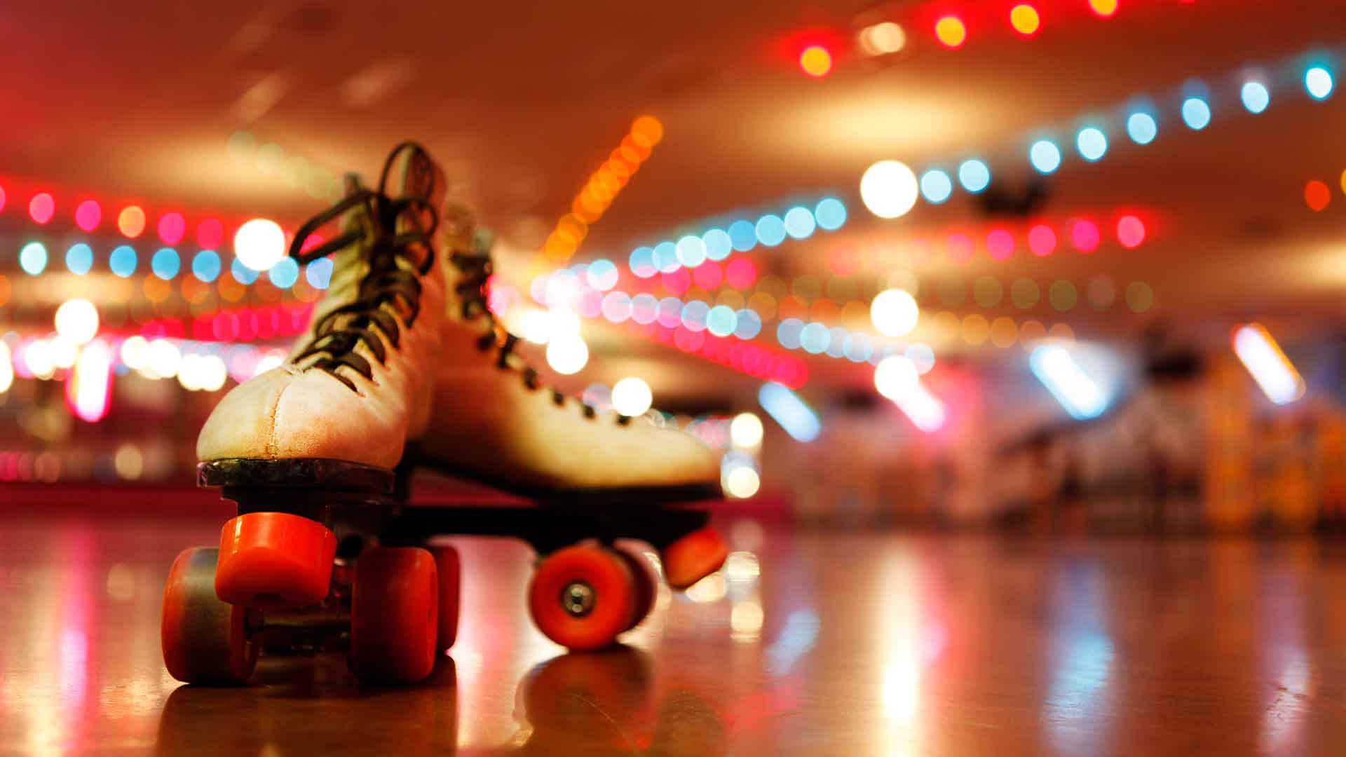 Roller skates closeup on a roller rink.