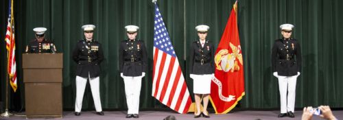 Marines at attention during Marine Corps commissioning.