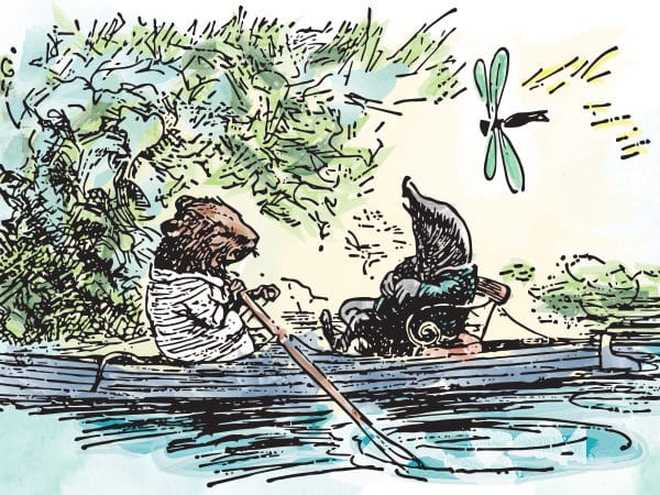 Watercolor cover art of the book 'The Wind in the Willows', featuring Rat and Mole rowing down a river.