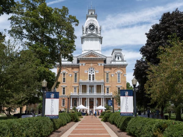 Front exterior view of Hillsdale College's Central Hall during Welcome week.